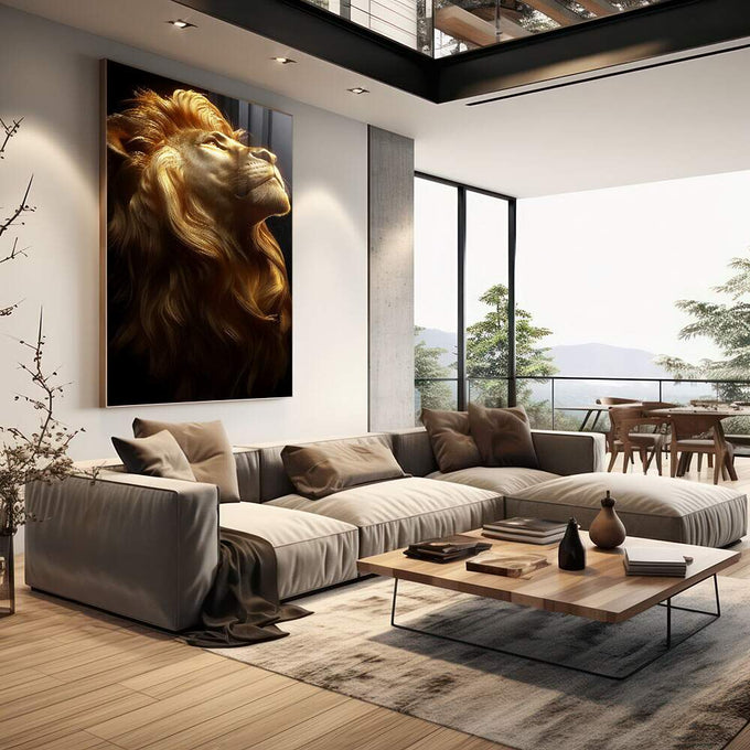 Quadro Decorativo Leão Expressão Profunda para a Sua Decoração - quadros decorativos 1 Tela Vertical, 3 Telas - em escritorio elegante