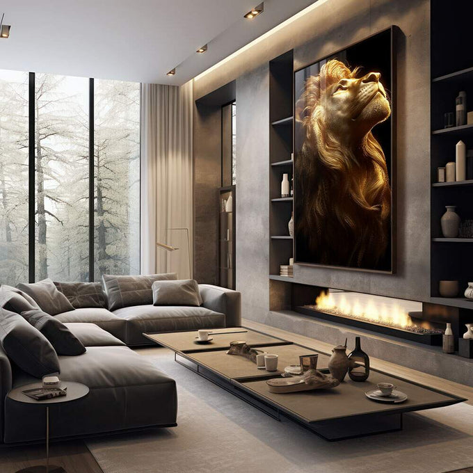 Quadro Decorativo Leão Expressão Profunda para a Sua Decoração - quadros decorativos para sala 1 Tela Vertical, 3 Telas - em living room premium