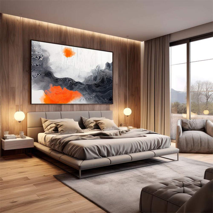 Quadro Decorativo Abstrato Vibrante em Tons Laranja - quadros decorativos 1 Tela, 1 Tela Horizontal - em sala moderna