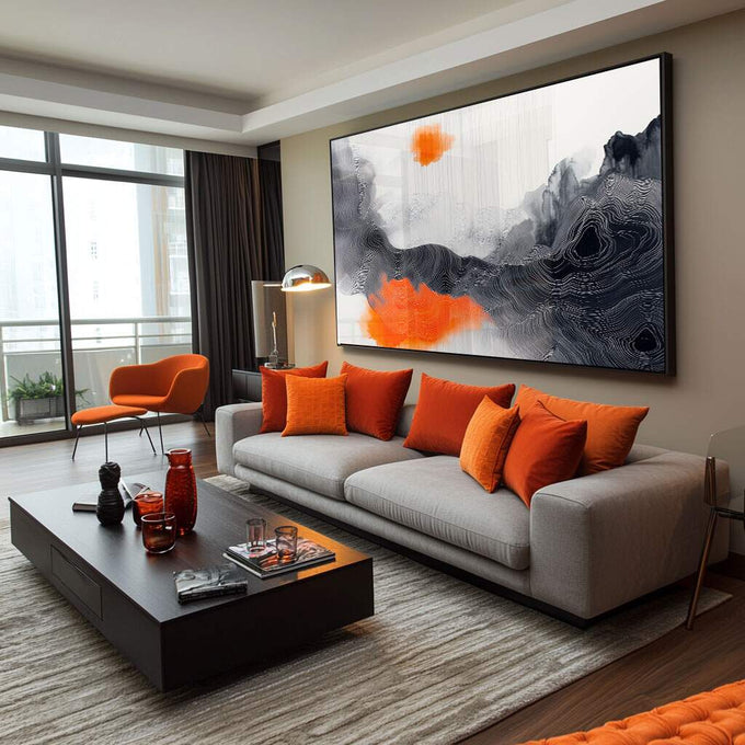 Quadro Decorativo Abstrato Vibrante em Tons Laranja - quadros decorativos para sala 1 Tela, 1 Tela Horizontal - em ambiente decorado