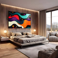 Ondas abstratas pontilhadas em laranja, roxo, turquesa e vermelho sobre fundo preto, quadro decorativo