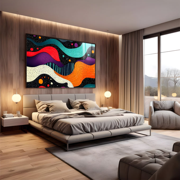 Ondas abstratas pontilhadas em laranja, roxo, turquesa e vermelho sobre fundo preto, quadro decorativo