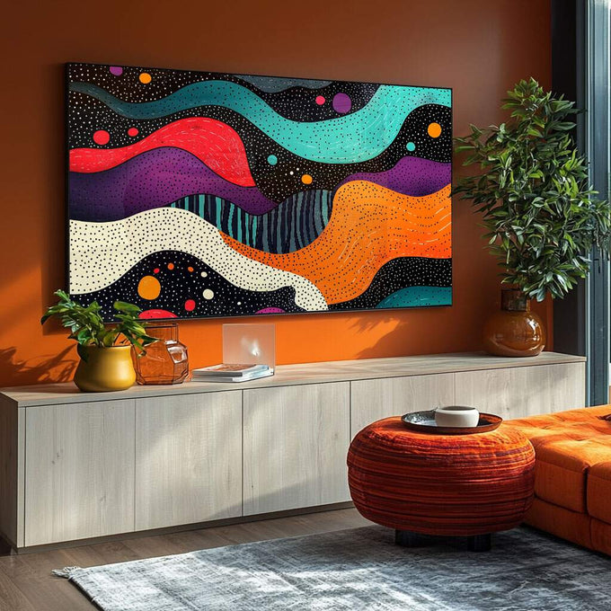 Quadro Decorativo Abstrato Ondas Cósmicas: Arte em Cores Vivas para Sua Decoração - quadros decorativos para sala 1 Tela, 1 Tela Horizontal - em ambiente decorado