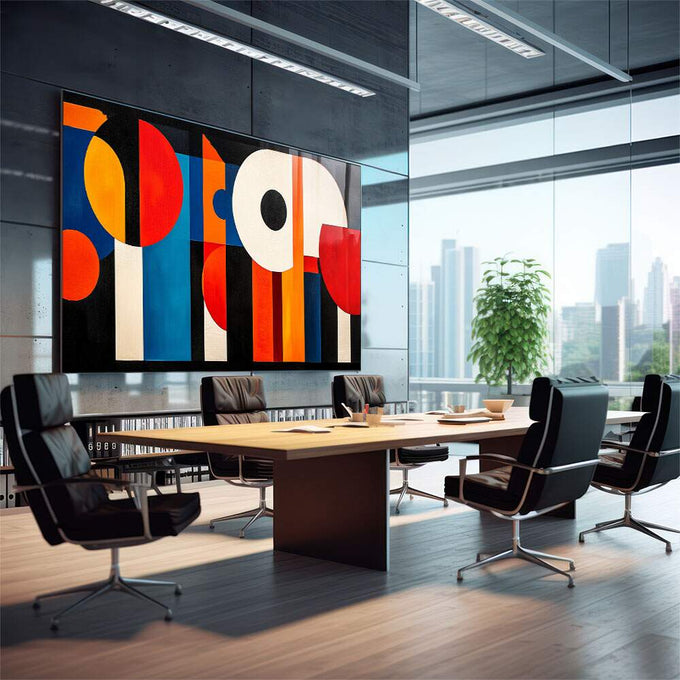 Quadro Decorativo Abstrato Geometria Vibrante em Cores Primárias - quadros decorativos 1 Tela, 1 Tela Horizontal - em sala moderna