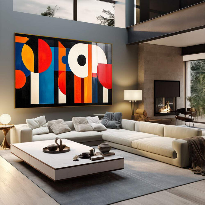 Quadro Decorativo Abstrato Geometria Vibrante em Cores Primárias - quadros decorativos para sala 1 Tela, 1 Tela Horizontal - em quarto contemporaneo