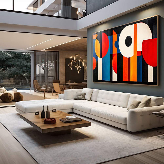 Quadro Decorativo Abstrato Geometria Vibrante em Cores Primárias - quadros decorativos para sala 1 Tela, 1 Tela Horizontal - em living room premium