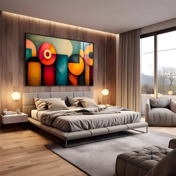 Círculos e blocos geométricos em laranja, vermelho e verde-petróleo em pintura abstrata, quadro decorativo