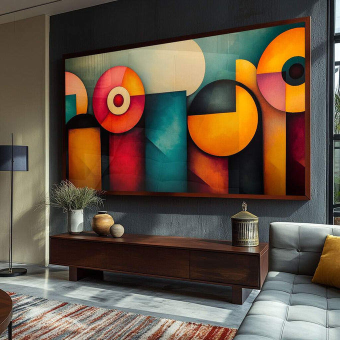 Quadro Decorativo Abstrato com Formas Geométricas - quadros decorativos para sala 1 Tela, 1 Tela Horizontal - em ambiente decorado