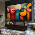 Círculos e blocos geométricos em laranja, vermelho e verde-petróleo em pintura abstrata, quadro decorativo