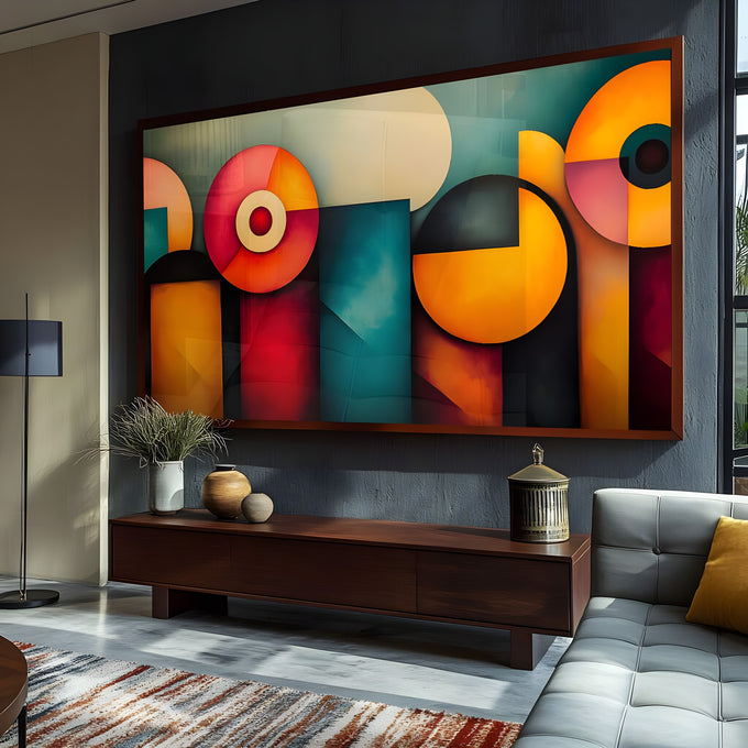 Círculos e blocos geométricos em laranja, vermelho e verde-petróleo em pintura abstrata, quadro decorativo