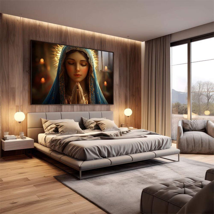 Quadro Decorativo Oração e Serenidade da Divina Virgem Maria - quadros decorativos 1 Tela, 1 Tela Horizontal - em sala moderna