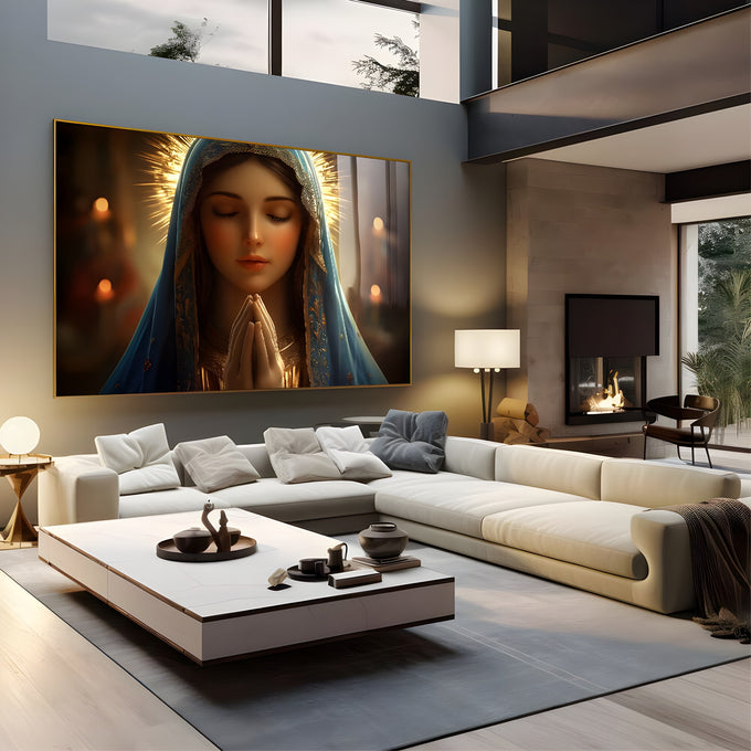 Nossa Senhora de olhos fechados e mãos em prece, manto azul, auréola dourada e velas, quadro decorativo