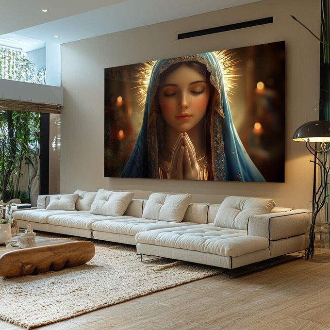 Quadro Decorativo Oração e Serenidade da Divina Virgem Maria - quadros decorativos para sala 1 Tela, 1 Tela Horizontal - em ambiente decorado