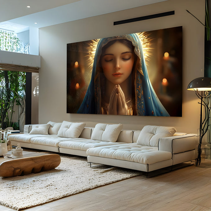 Nossa Senhora de olhos fechados e mãos em prece, manto azul, auréola dourada e velas, quadro decorativo