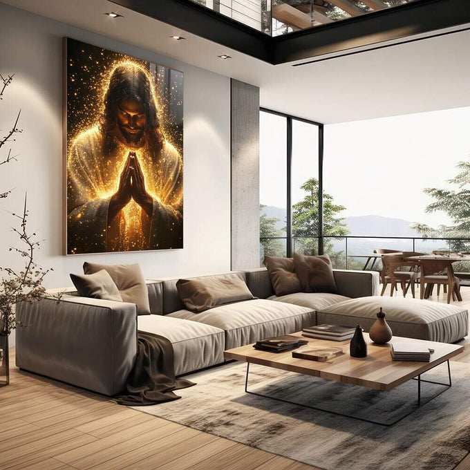Quadro Decorativo: A Luz da Oração Divina - quadros decorativos 1 Tela Vertical, 3 Telas - em sala moderna