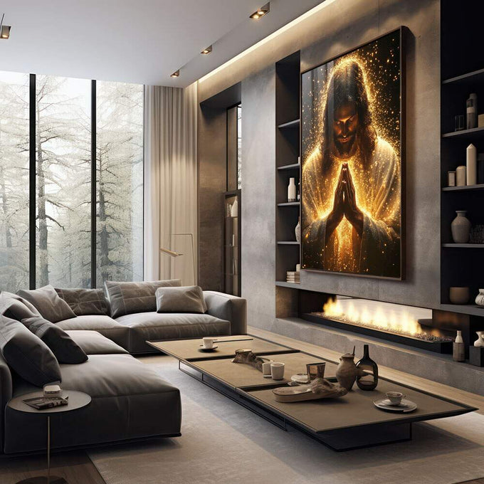 Quadro Decorativo: A Luz da Oração Divina - quadros decorativos para sala 1 Tela Vertical, 3 Telas - em quarto contemporaneo