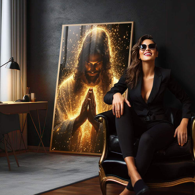 Quadro Decorativo: A Luz da Oração Divina - quadros decorativos 1 Tela Vertical, 3 Telas - em escritorio elegante