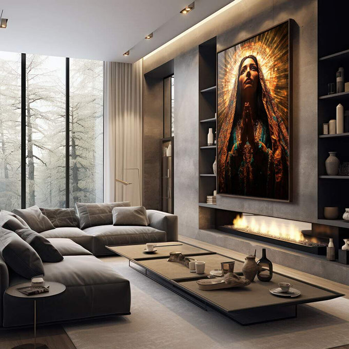Quadro Decorativo A Luz de Nossa Senhora de Guadalupe - quadros decorativos 1 Tela Vertical, 3 Telas - em sala moderna