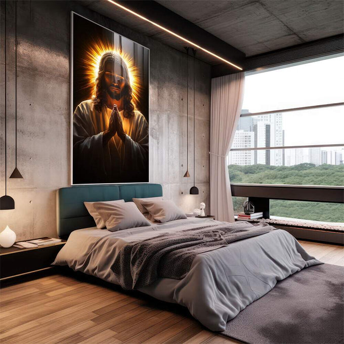 Quadro Decorativo A Oração de Cristo em Luz Divina - quadros decorativos 1 Tela Vertical, 3 Telas - em sala moderna