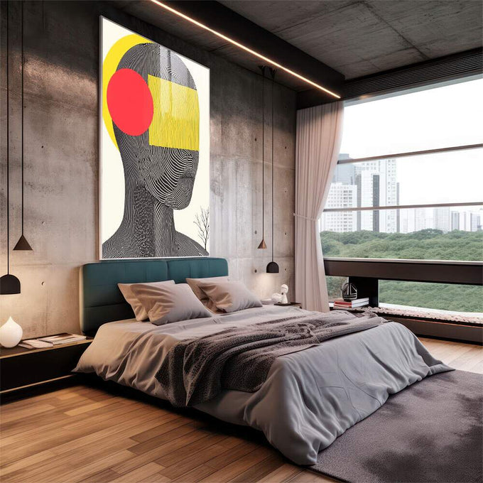 Quadro Decorativo Rosto Abstrato - Forma e Cores Contemporâneas - quadros decorativos 1 Tela Vertical, 3 Telas - em sala moderna