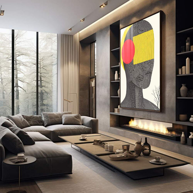 Quadro Decorativo Rosto Abstrato - Forma e Cores Contemporâneas - quadros decorativos 1 Tela Vertical, 3 Telas - em escritorio elegante