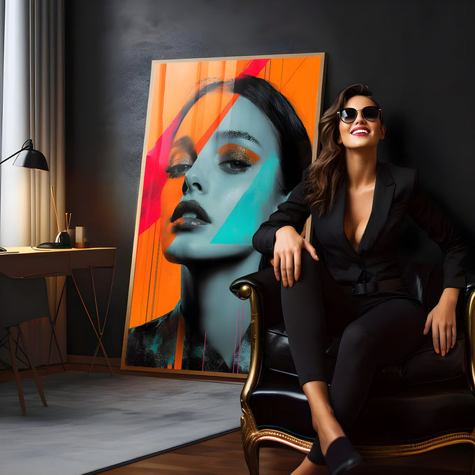 Rosto de mulher em pop art com triângulos turquesa e rosa sobre fundo laranja, quadro decorativo