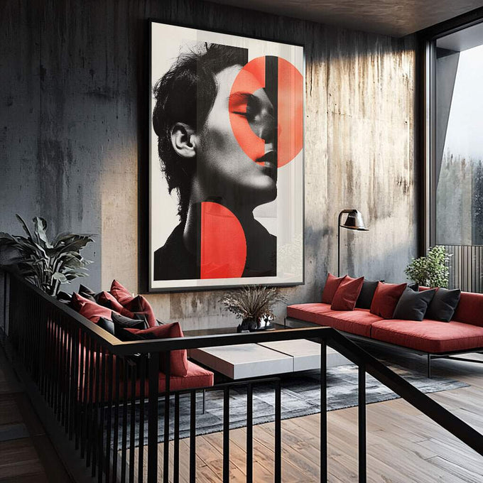 Quadro Decorativo Retrato - Contrastando Formas e Cores - quadros decorativos para sala 1 Tela Vertical, 3 Telas - em ambiente decorado