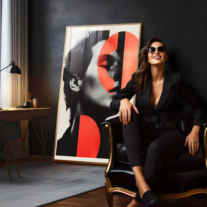 Retrato de mulher de olhos fechados em preto e branco com semicírculos vermelhos, quadro decorativo