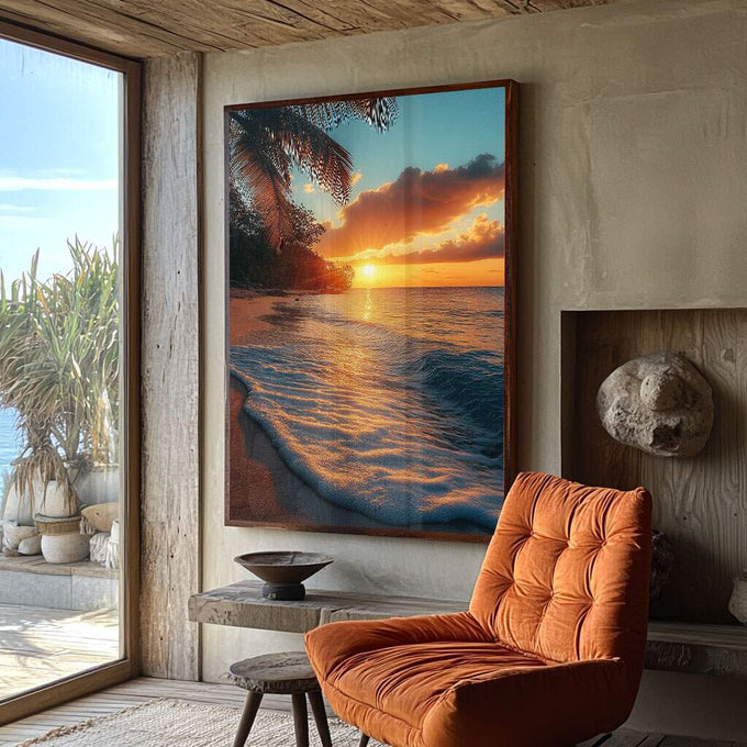 Quadro Decorativo Paisagem Tropical ao Pôr do Sol - quadros decorativos para sala 1 Tela Vertical, 3 Telas - em ambiente decorado
