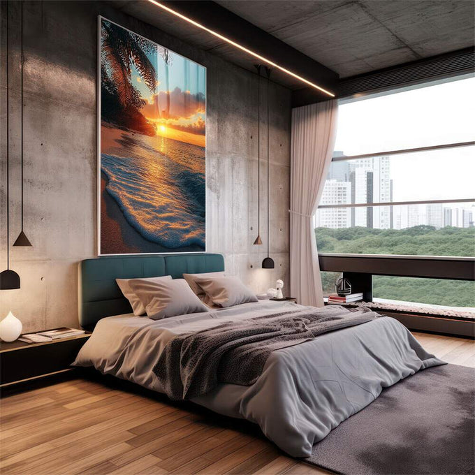 Quadro Decorativo Paisagem Tropical ao Pôr do Sol - quadros decorativos 1 Tela Vertical, 3 Telas - em sala moderna