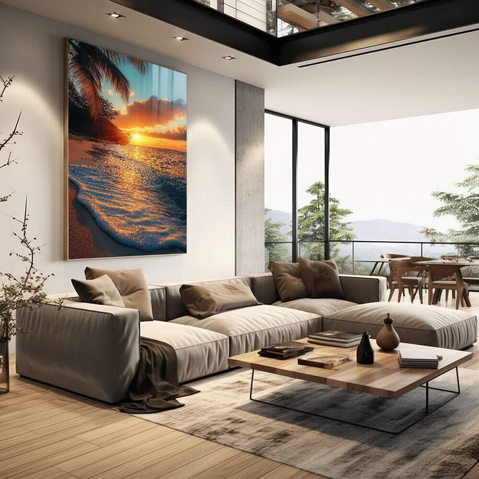 Quadro Decorativo Paisagem Tropical ao Pôr do Sol - quadros decorativos para sala 1 Tela Vertical, 3 Telas - em quarto contemporaneo