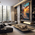 Quadro Decorativo Paisagem Tropical ao Pôr do Sol - quadros decorativos 1 Tela Vertical, 3 Telas - em escritorio elegante