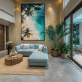 Vista aérea de praia tropical com palmeiras, areia clara e mar azul turquesa, quadro decorativo