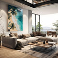 Vista aérea de praia tropical com palmeiras, areia clara e mar azul turquesa, quadro decorativo