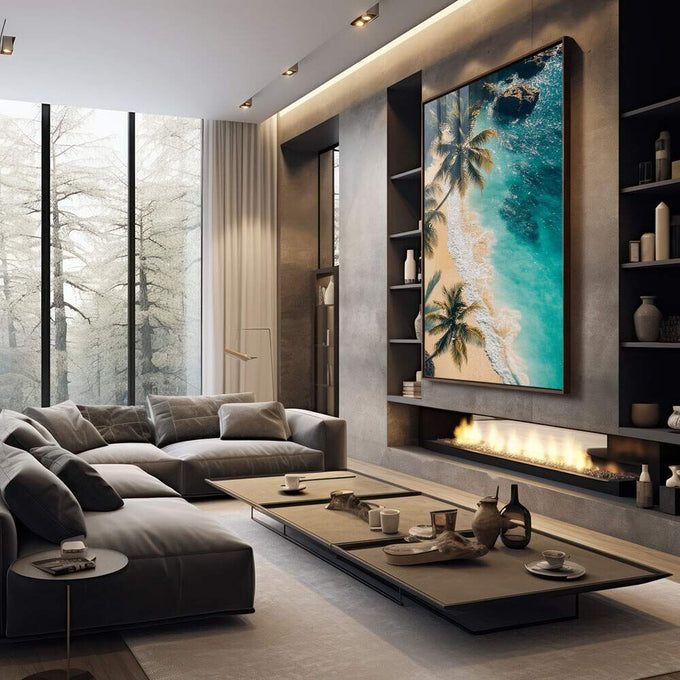 Quadro Decorativo Paisagem Tropical - Beira da Praia - quadros decorativos para sala 1 Tela Vertical, 3 Telas - em living room premium