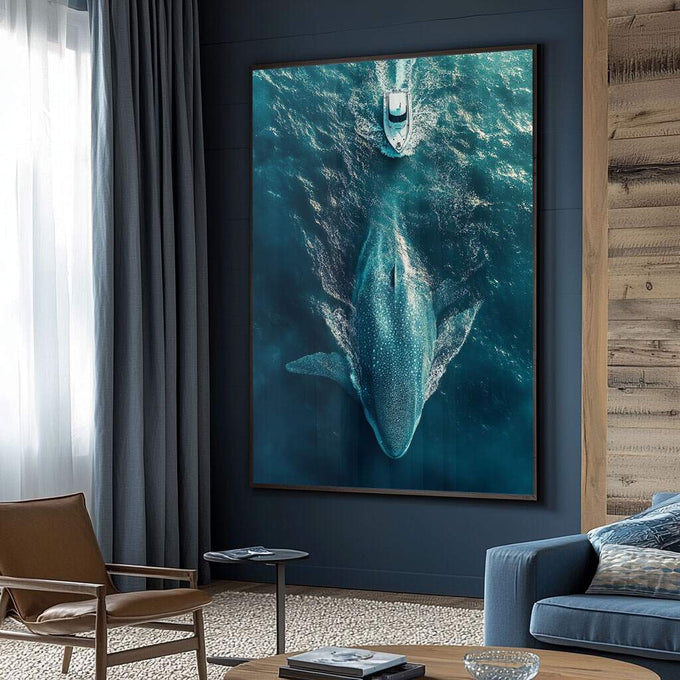 Quadro Decorativo Encontro Majestoso - Barco e Baleia no Mar - quadros decorativos para sala 1 Tela Vertical, 3 Telas - em ambiente decorado