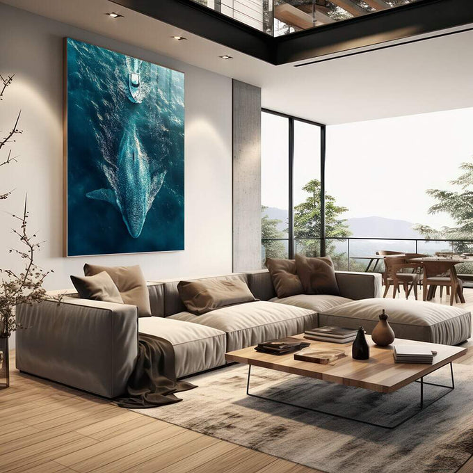 Quadro Decorativo Encontro Majestoso - Barco e Baleia no Mar - quadros decorativos para sala 1 Tela Vertical, 3 Telas - em quarto contemporaneo