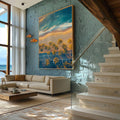 Quadro Decorativo Paisagem Costeira - Areia, Mar e Palmeiras - quadros decorativos para sala 1 Tela Vertical, 3 Telas - em ambiente decorado