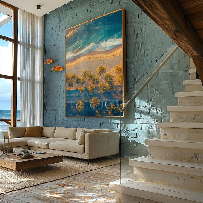 Quadro Decorativo Paisagem Costeira - Areia, Mar e Palmeiras - quadros decorativos para sala 1 Tela Vertical, 3 Telas - em ambiente decorado