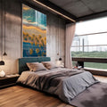 Quadro Decorativo Paisagem Costeira - Areia, Mar e Palmeiras - quadros decorativos 1 Tela Vertical, 3 Telas - em sala moderna