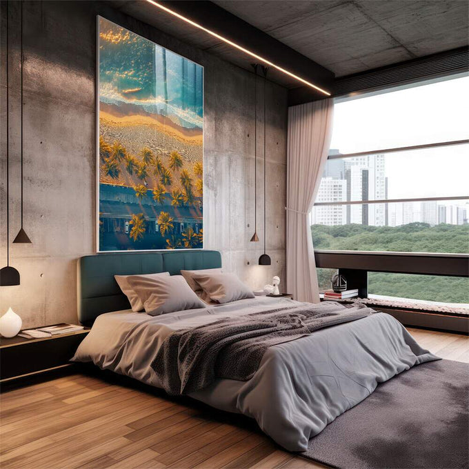 Quadro Decorativo Paisagem Costeira - Areia, Mar e Palmeiras - quadros decorativos 1 Tela Vertical, 3 Telas - em sala moderna