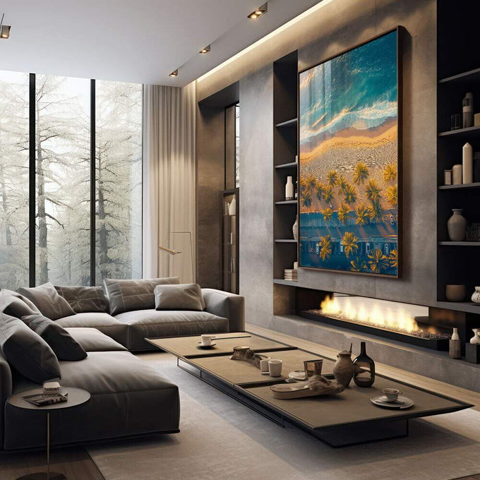 Quadro Decorativo Paisagem Costeira - Areia, Mar e Palmeiras - quadros decorativos 1 Tela Vertical, 3 Telas - em escritorio elegante