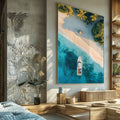 Quadro Decorativo Paraíso Tropical - Barco e Areia Fina - quadros decorativos para sala 1 Tela Vertical, 3 Telas - em ambiente decorado