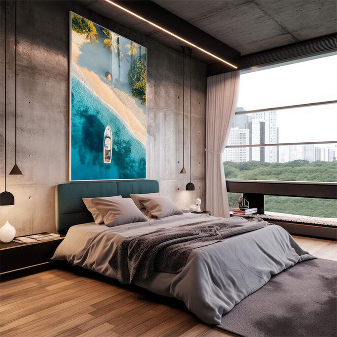 Quadro Decorativo Paraíso Tropical - Barco e Areia Fina - quadros decorativos para sala 1 Tela Vertical, 3 Telas - em quarto contemporaneo