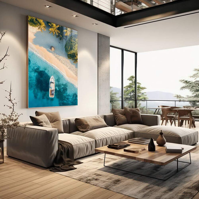 Quadro Decorativo Paraíso Tropical - Barco e Areia Fina - quadros decorativos 1 Tela Vertical, 3 Telas - em escritorio elegante