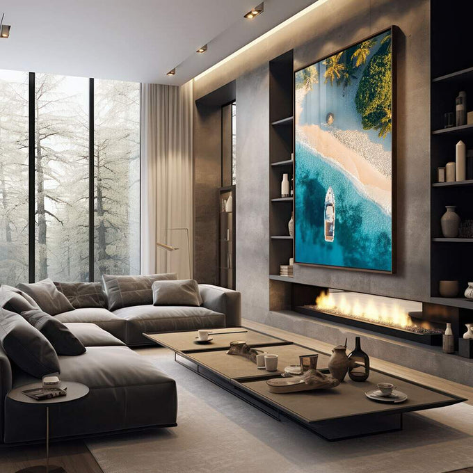 Quadro Decorativo Paraíso Tropical - Barco e Areia Fina - quadros decorativos para sala 1 Tela Vertical, 3 Telas - em living room premium