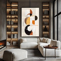 Círculos, meias-luas e quadrado em laranja, preto e mostarda sobre fundo bege, quadro decorativo