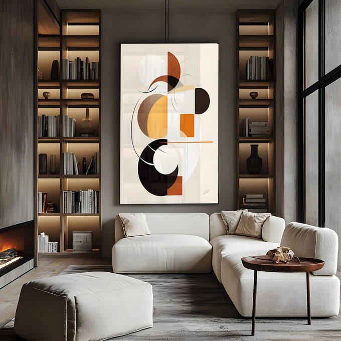 Círculos, meias-luas e quadrado em laranja, preto e mostarda sobre fundo bege, quadro decorativo
