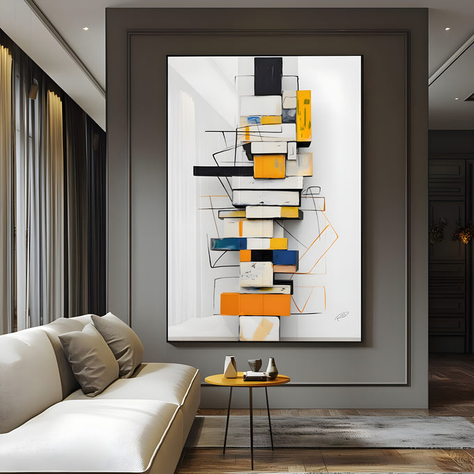 Blocos geométricos empilhados em laranja, amarelo, azul e preto sobre fundo branco, quadro decorativo