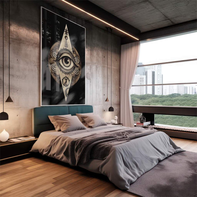Quadro Decorativo Olhares Secretos Maçonaria - Exclusivo - quadros decorativos 1 Tela Vertical, 3 Telas - em escritorio elegante